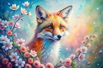 Obraz premium Watercolor Spring Fox Portrait with Birds & Blossoms