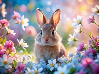 Fototapeta premium Watercolor Spring Wildlife Macro: Adorable Furry Friends Amongst Blooming Flowers