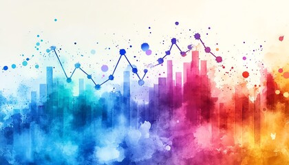 Colorful watercolor depiction of a growth chart, illustrating upward business trends and progress in metrics, with abstract splashes of color symbolizing analytics
