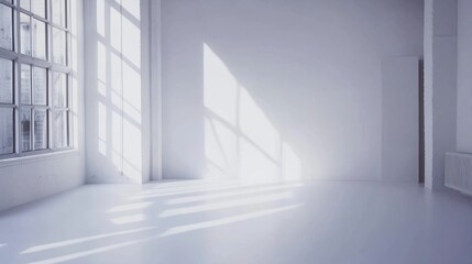 Obraz premium Minimalist white office corner with mock-up wall, clean and modern design, bathed in natural light. 