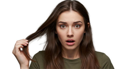 Closeup unhappy frustrated young woman surprised she is losing hair, noticed split ends receding hairline. transparent background

