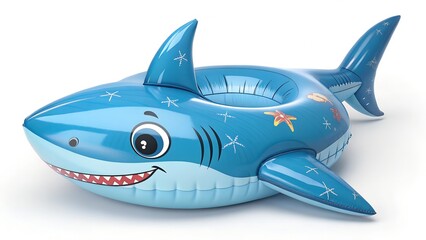 A bright, playful image showcasing an inflatable blue shark pool float