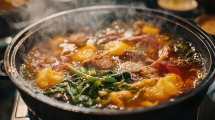 A close-up of a hot pot meal with fresh vegetables and thinly sliced meat cooking in the broth.
