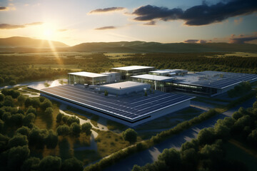 Large aerial view of a factory building, data center powered by solar energy.