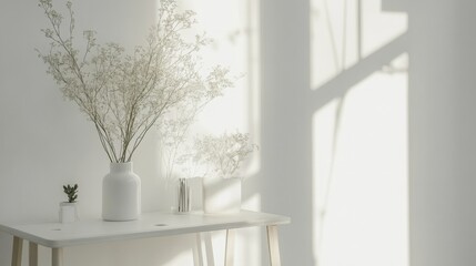 A clean, all-white workspace with minimalist decor and modern furniture