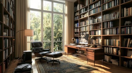 A workspace surrounded by bookshelves for a scholarly feel