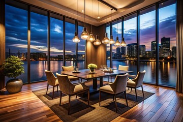 Waterfront Contemporary Dining Room Night Photography - Modern Coastal Interior Design