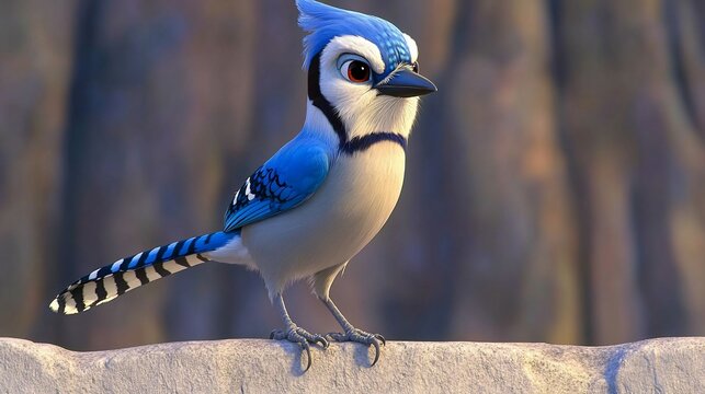 Animated blue jay perched on a surface