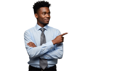 Business Concept Confident thoughtful young African American pointing finger on side over transparent background


