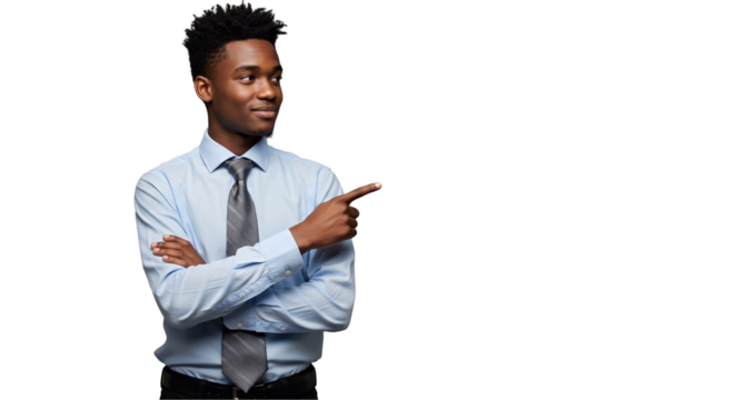 Business Concept Confident thoughtful young African American pointing finger on side over transparent background


