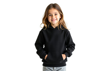 Smiling child portrait in black hoodie isolated on white. Fashion lifestyle concept. Authentic young girl. Studio shot. Isolated on transparent background.