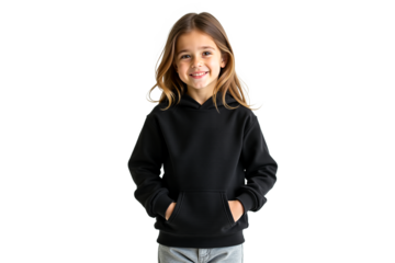 Smiling child portrait in black hoodie isolated on white. Fashion lifestyle concept. Authentic young girl. Studio shot. Isolated on transparent background.