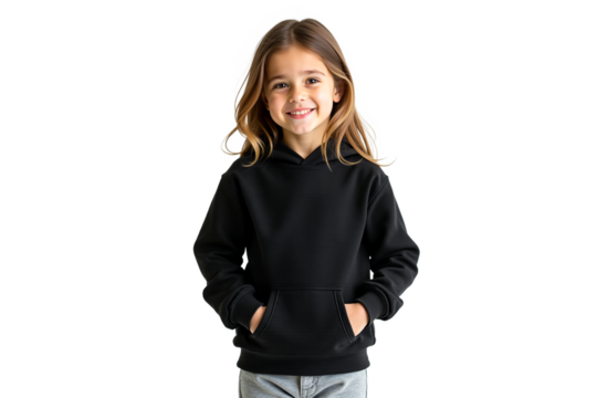 Smiling child portrait in black hoodie isolated on white. Fashion lifestyle concept. Authentic young girl. Studio shot. Isolated on transparent background.