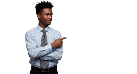 Business Concept Confident thoughtful young African American pointing finger on side over transparent background

