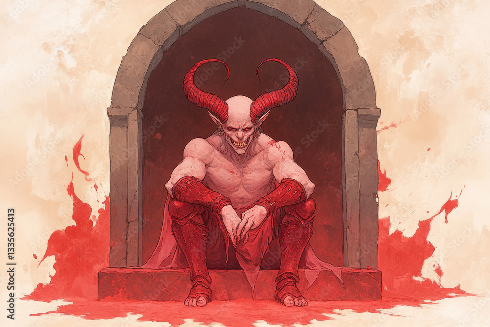 Poster a demon sits in a red doorway with a red background