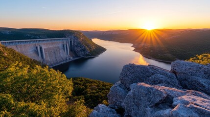 Scenic sunset over a dammed reservoir.  Mountains, water, and sunlight