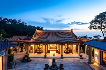 Obraz premium Illuminated Asian Temple Courtyard at Dusk