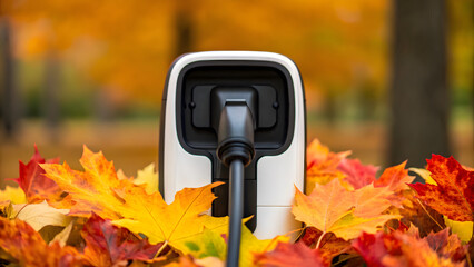 Climate change Electric vehicle charging station surrounded by vibrant autumn leaves
