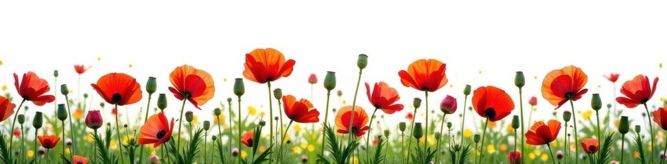 Fototapeta premium Vibrant poppies & wildflowers bloom in a bright row against pure white , vibrant, white