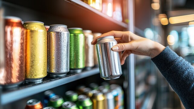 Hand selecting a chilled, condensation covered drink can from a shelf