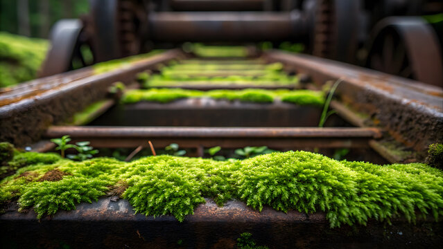 Climate change Rusty metal tracks covered in vibrant green moss create striking contrast
