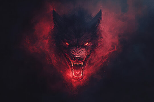 A wolf with red eyes and a red mouth