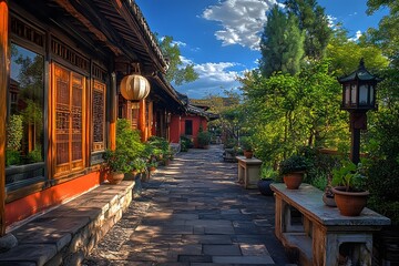 Serene Courtyard Pathway with Traditional Chinese Architecture