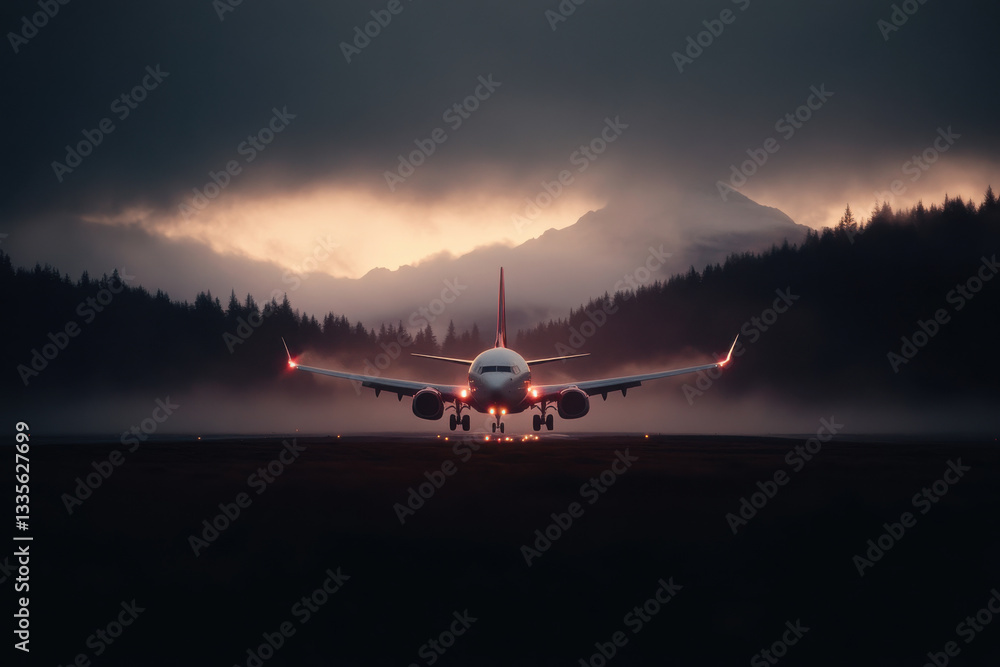 Poster a plane is taking off from a runway in front of a mountain range