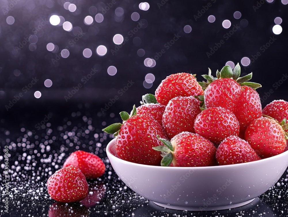 Poster fresh strawberries in a bowl with sparkling background and bokeh effect