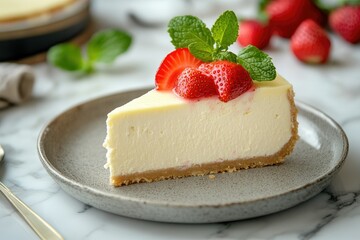 A creamy slice of New York cheesecake topped with fresh strawberries and mint leaves, placed on a marble table, professional studio lighting. --ar 3:2