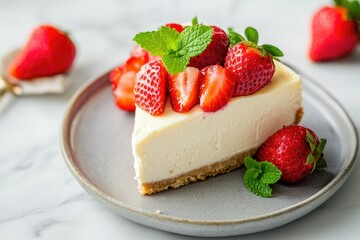 A creamy slice of New York cheesecake topped with fresh strawberries and mint leaves, placed on a marble table, professional studio lighting. --ar 3:2 