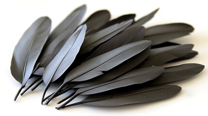 Pile of dark gray feathers on white.