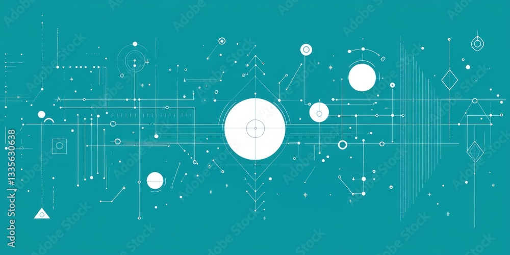 Poster minimalistic technical blueprint showing white lines and shapes on teal