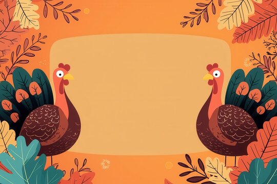 Festive autumn illustration featuring two turkeys surrounded by colorful leaves on orange background, perfect for Thanksgiving themed designs
