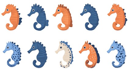 Obraz premium Ten cute cartoon seahorses in orange, blue, and beige.