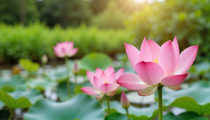 Blooming lotus flowers in serene pond, peace and tranquility