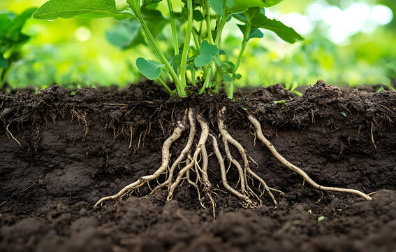 Root exudates feeding soil microbes creating balance, thriving plant roots in fertile ground, showcasing harmony of nature