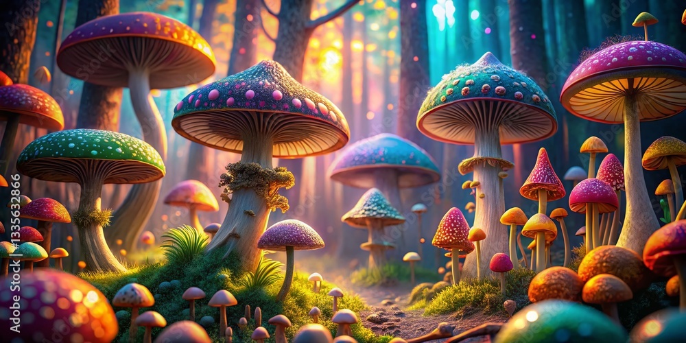 Aufkleber whimsical panoramic of colorful fantasy mushrooms with unique shapes and patterns