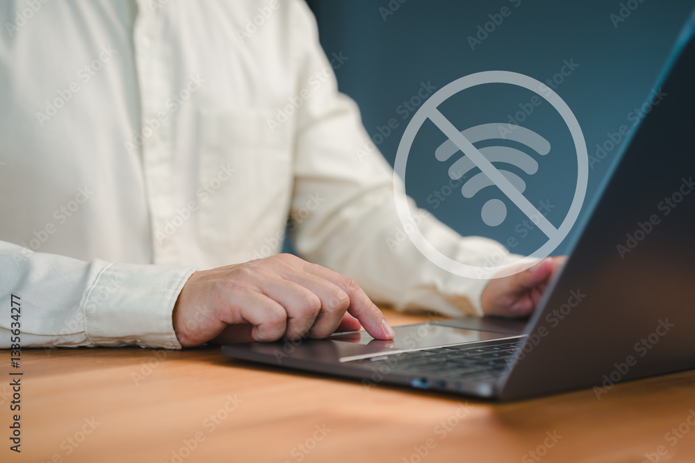 Poster male person using a laptop computer to connect to wifi, representing internet connectivity issues, n
