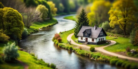 Fototapeta premium Whimsical Tilt-Shift Black and White House by River, Path, Trees