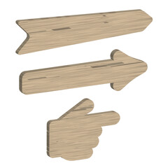 Three wooden pointers. Straight arrows and a pointing hand. Street sign. 3D realistic vector illustration isolated on white.