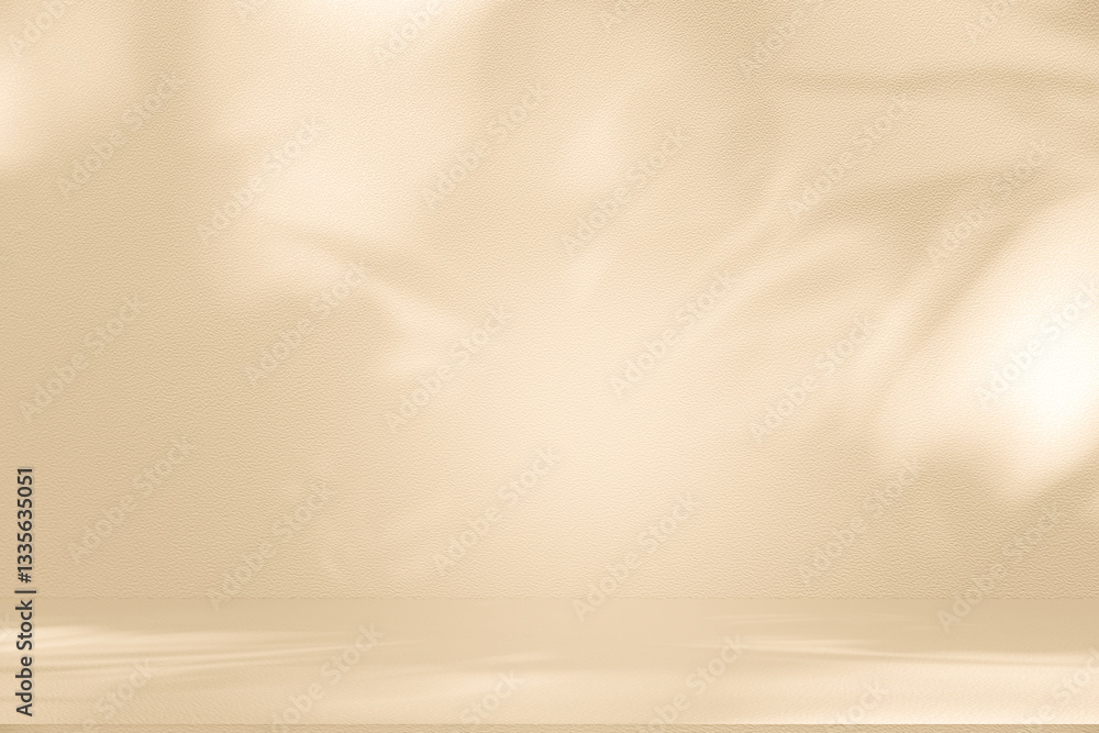 Poster wall interior background, studio and backdrops show products. with leaf shadow from window color bei