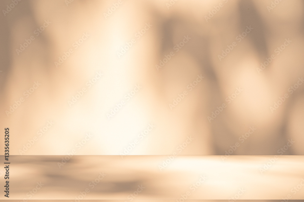 Poster wall interior background, studio and backdrops show products. with leaf shadow from window color bei