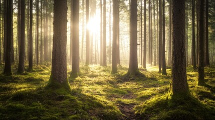 Fototapeta premium Tranquil forest bathed in soft sunlight, earthy tones blending harmoniously, evoking peace and natural serenity.