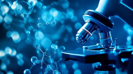 Microscopic view of molecules on a blue background with a microscope, symbolizing advanced scientific research and materials science, high-resolution cinematic style.
