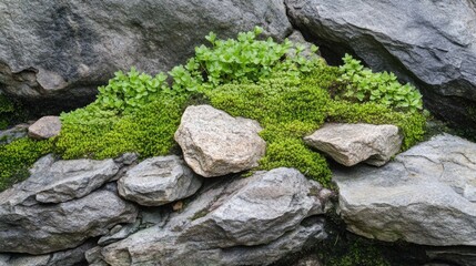 Fototapeta premium Green Moss And Plants Growing Among Various Grey Stones