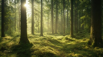 Obraz premium Tranquil forest bathed in soft sunlight, earthy tones blending harmoniously, evoking peace and natural serenity.