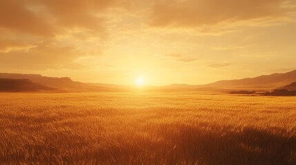 Obraz premium Golden wheat field under a warm sunset with grainy texture, studio-captured scene evoking a rustic and nostalgic atmosphere.