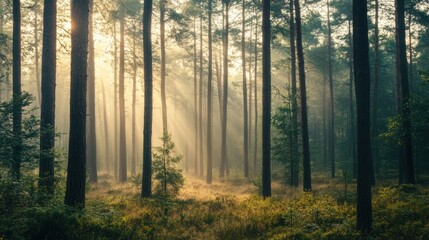 Tranquil forest bathed in soft sunlight, earthy tones blending harmoniously, evoking peace and natural serenity.