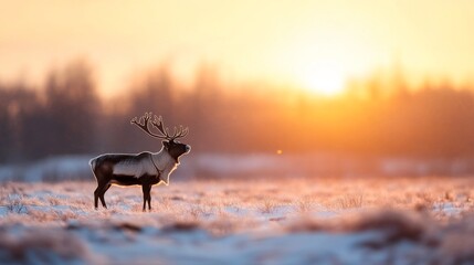 Majestic reindeer at sunrise in a snowy landscape